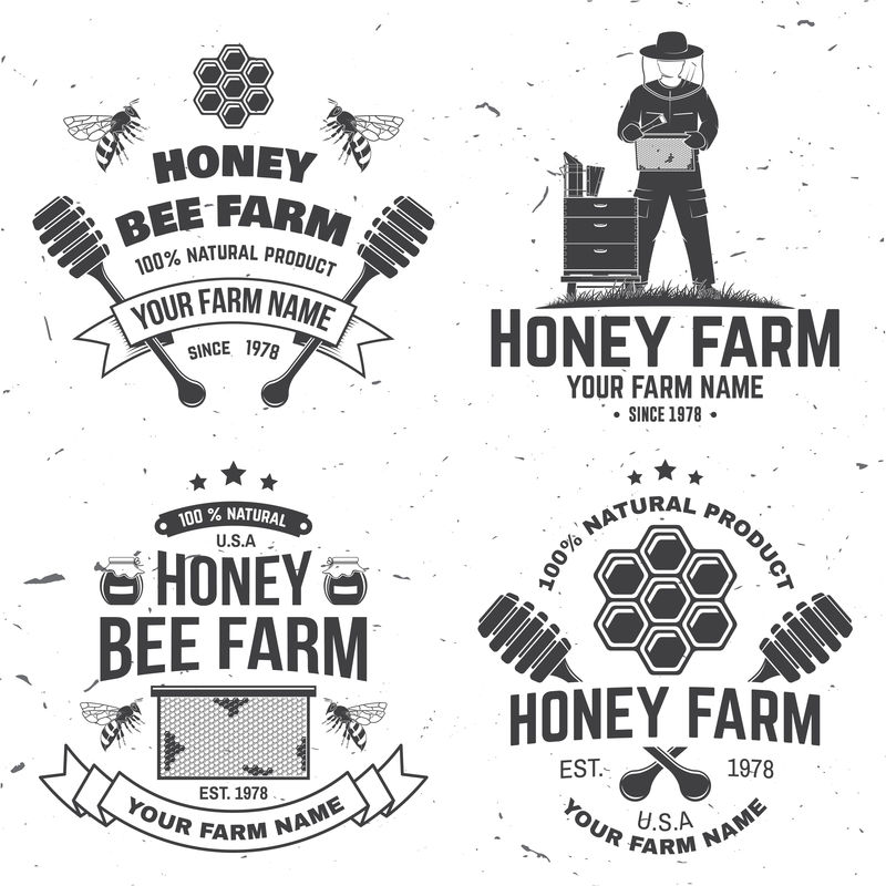 一套蜂蜜蜜蜂农场徽章矢量衬衫邮票或T恤的概念复古的排版设计与蜜蜂蜂巢块蜂巢和蜂蜜斗剪影蜜蜂农场业务设计