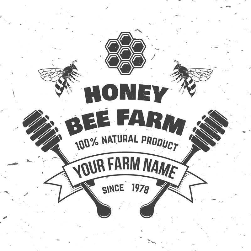 蜂蜜农场徽章矢量衬衫印花印花或T恤的概念复古的排版设计与蜜蜂蜂巢片和蜂蜜斗剪影蜜蜂农场业务的复古设计