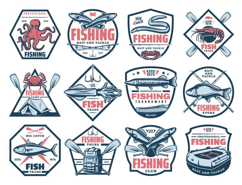 钓鱼图标鱼和海鲜渔具