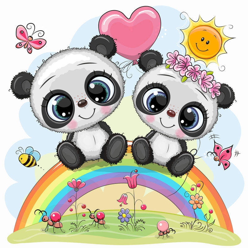 卡通熊猫坐在彩虹上
