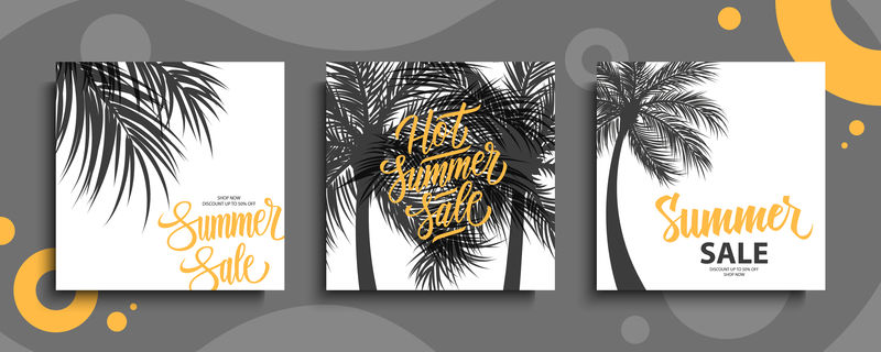 一套创意卡片-带有彩色热带树叶-用于横幅海报邀请函小册子传单等