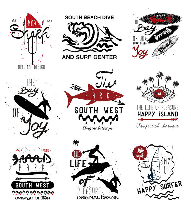 一套复古冲浪标签和标志设计元素-标志青年娱乐-跳岛符号和标志-暑假标志