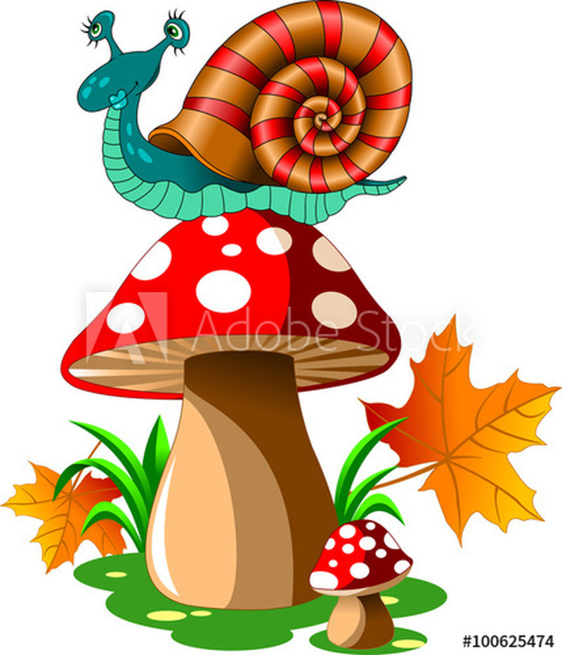 两个有白点的红蘑菇和一只蜗牛