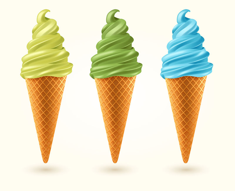 白色背景上分离的三种口味冰淇淋锥：矢量图