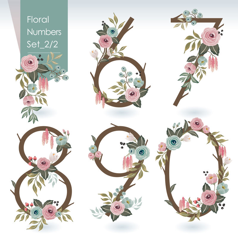 春季花号收集矢量图-一套漂亮的鲜花和结婚请柬和生日卡片的号码