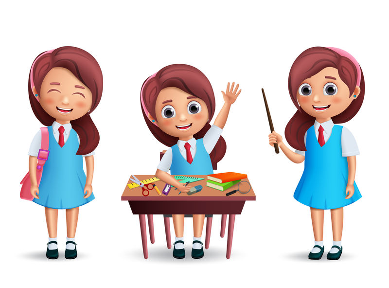 女学生矢量字符集-回到学校的时候-孩子穿着校服-各种姿势-比如站着-坐在一张白纸隔开的书桌上学习-三维真实矢量图