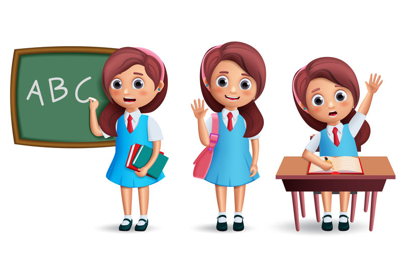 女学生矢量字符集-学生们穿着校服-各种姿势-比如站在黑板上-在书桌上学习-为返校和教育设计-三维真实矢量