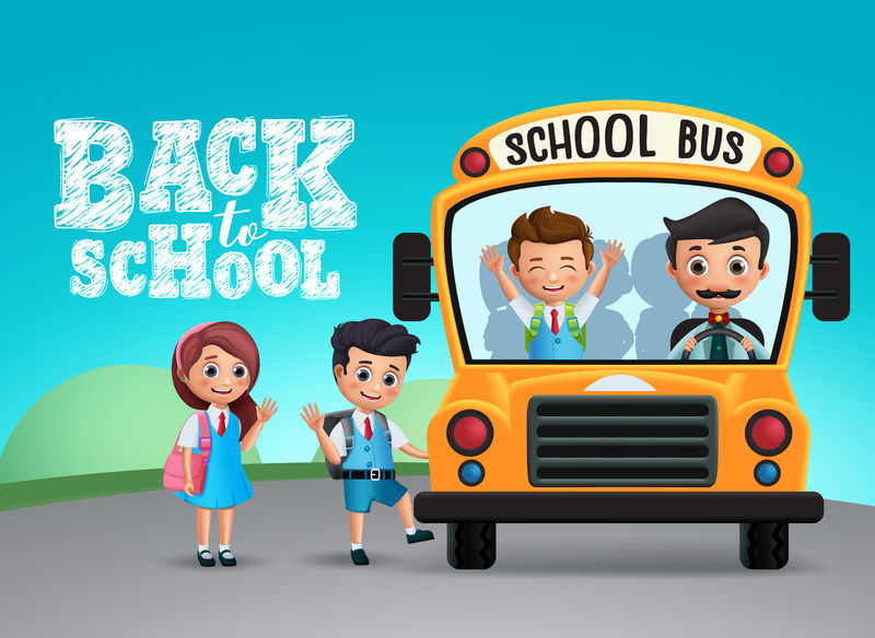 回到学校课本和校车上-带着快乐的孩子或学生-穿着校服和蓝色背景的背包进行教育设计-矢量图
