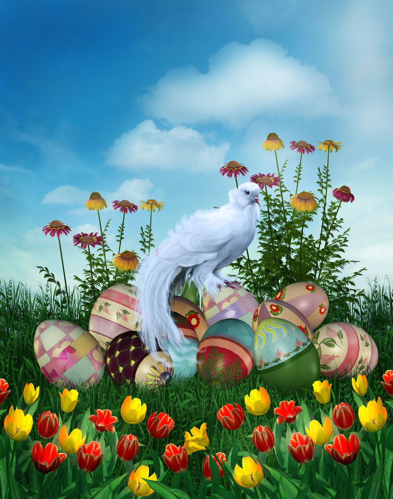 卡通快乐复活节与美丽的复活节彩蛋在自然春天背景-儿童插图