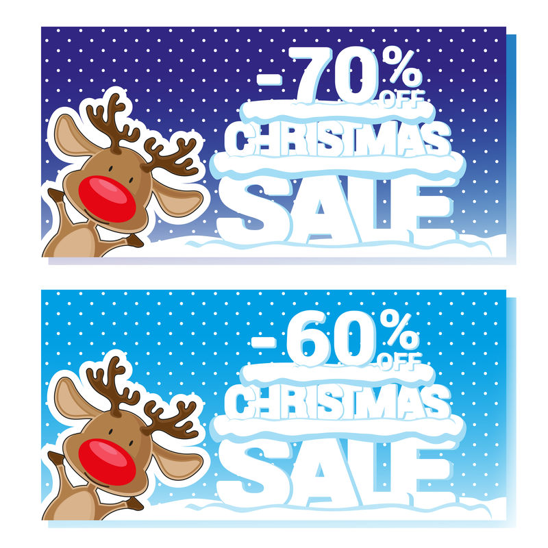 圣诞海报上有圣诞老人的鹿和大雪上的大字用于设计价格标签或网站横幅卡通风格矢量图解