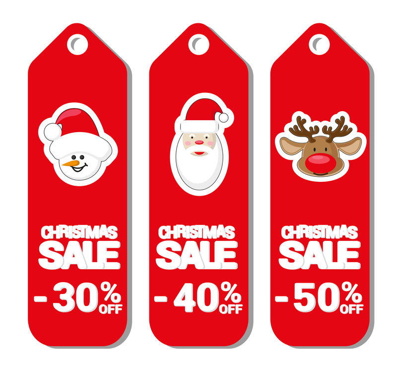 设置圣诞老人鹿和雪人的标签圣诞销售模式隔离在白色背景上卡通风格矢量图解