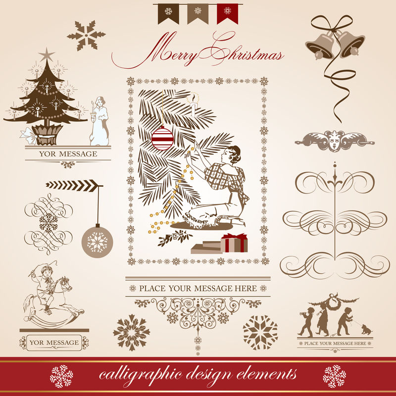 圣诞节和新年-矢量装饰-书法元素-古董和古董首饰-横幅-文字-分离器-雪花和明星设计集-圣诞树