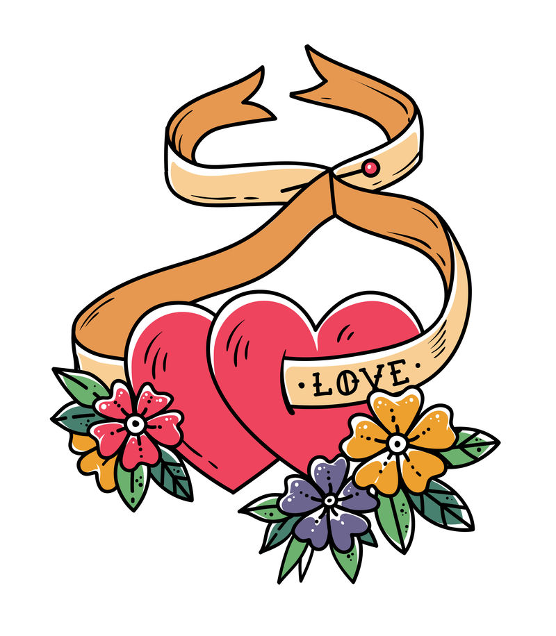两颗爱的心系在丝带上纹身设计在花上纹身心脏印有“爱”字样的丝带情人节
