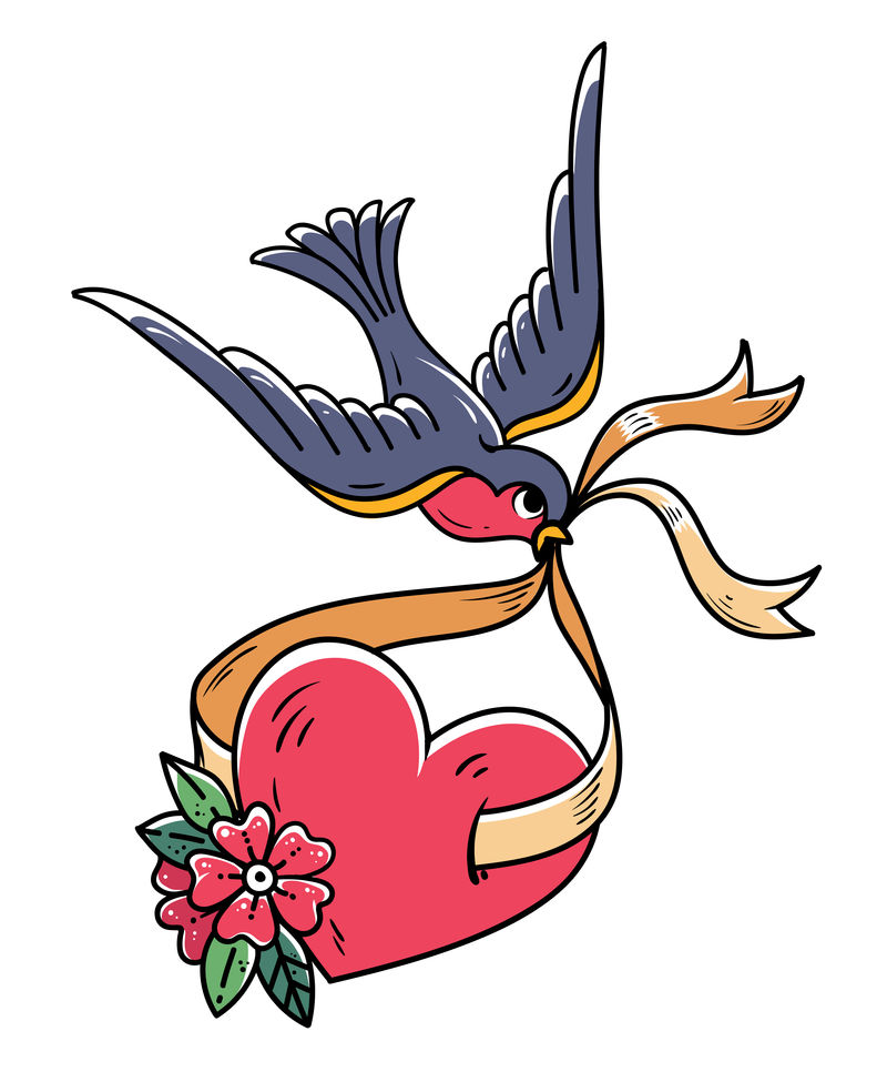 蓝鸟在丝带上带着红心用花和鸟纹身心脏幸运的象征老派风格