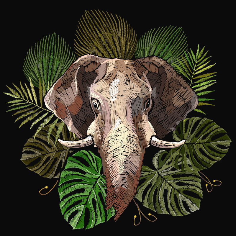 象头和棕榈叶刺绣印度丛林风格W