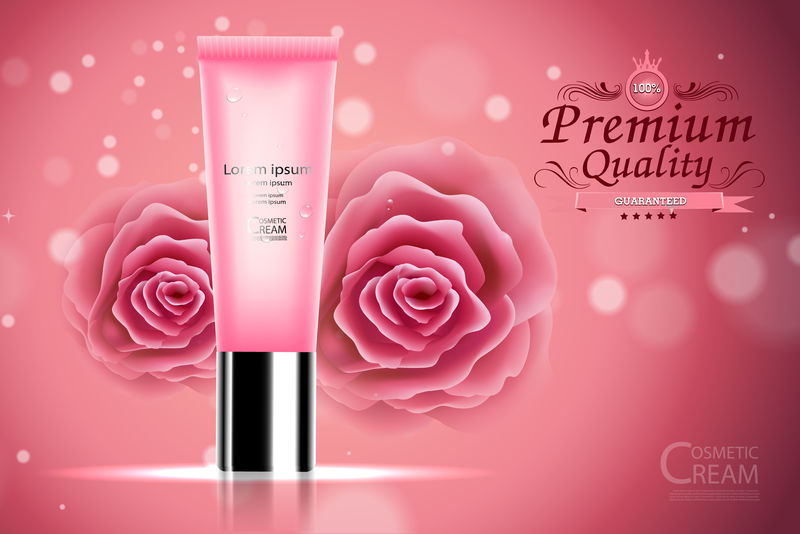 豪华化妆瓶包装护肤霜-美容化妆品海报-玫瑰和背景