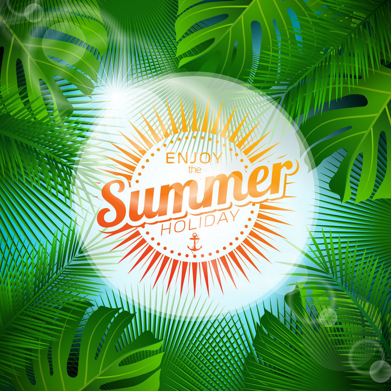 Vector享受夏季假期的印刷插图热带植物和淡蓝色背景的阳光