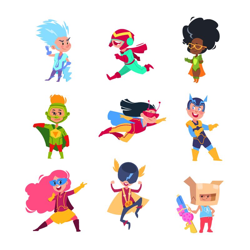 超级英雄的孩子们-穿着超级英雄服装的孩子们-纸箱同角色扮演矢量字符集