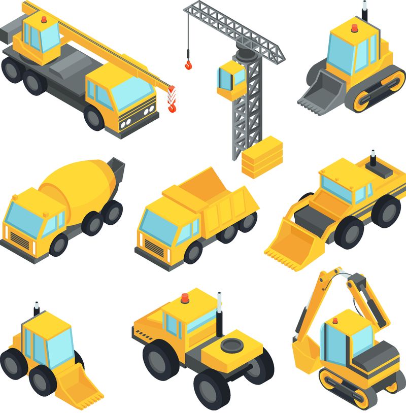 不同的施工技术-等距车建筑机械矢量工业设备运输示意图