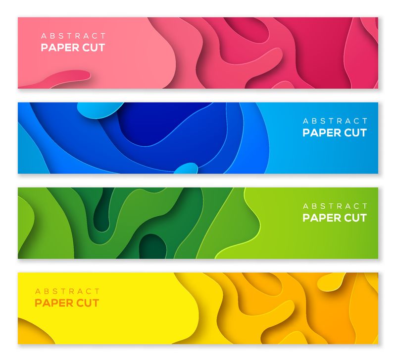 一组三维剪纸横幅-用于商业演示传单海报和邀请-多彩的雕刻艺术-矢量图
