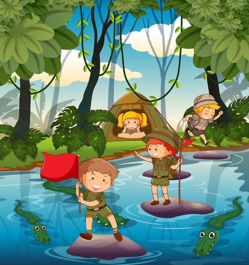 儿童野营在大自然中的插图