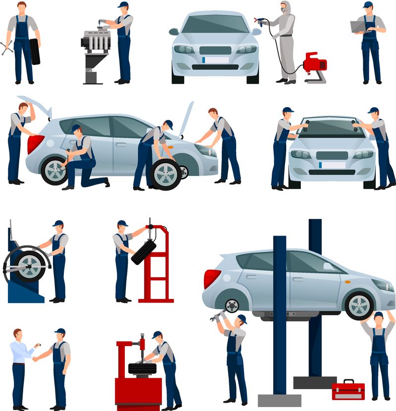 汽车和轮胎服务中不同工人的平面图标组-他们的工作是独立的插图