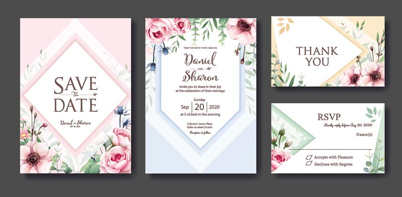 婚礼邀请-保存日期-谢谢-RSVP卡片设计模板-矢量-瑞典王后玫瑰树叶银莲花-矢量