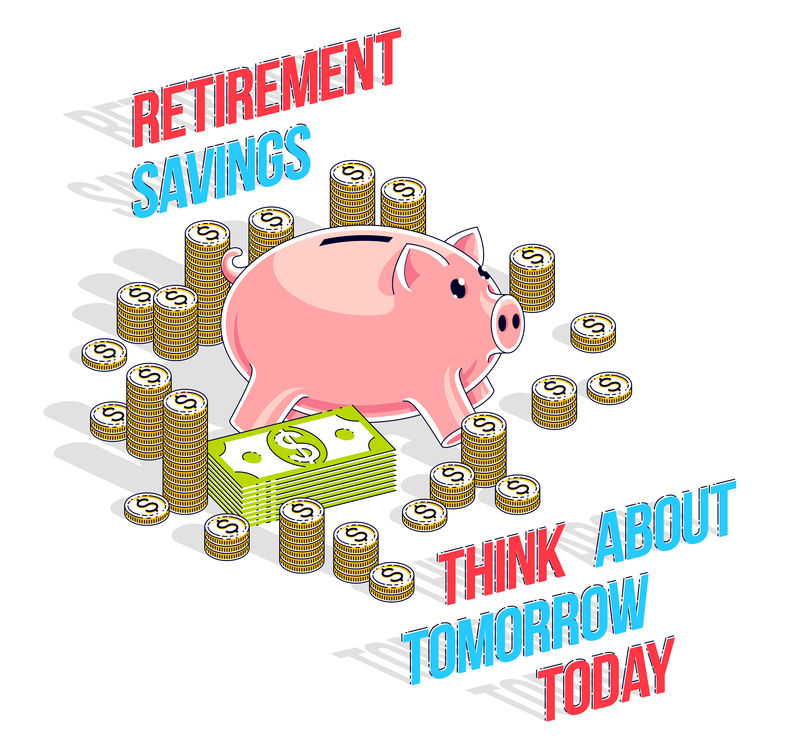 退休储蓄概念可爱的存钱罐和现金娃娃