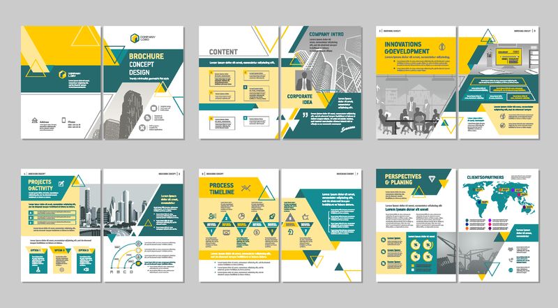 业务抽象向量模板-小册子设计封面现代布局年度报告海报A4格式的传单彩色三角形技术科学市场的几何图形和浅色背景