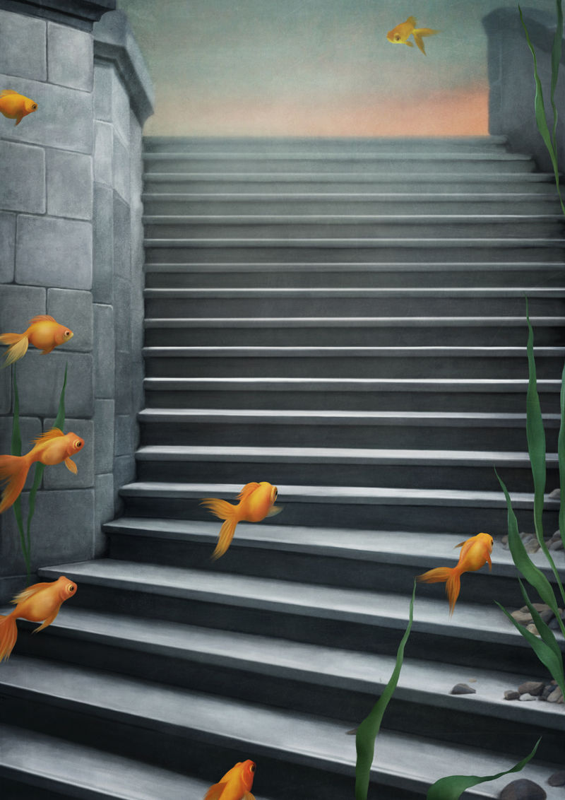 背景是楼梯和金鱼。