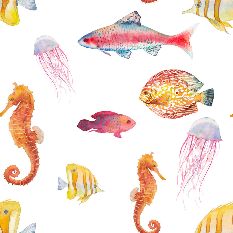 水彩热带鱼无缝图案。水母、海马、珊瑚礁鱼等水下生物的夏季异域风情。