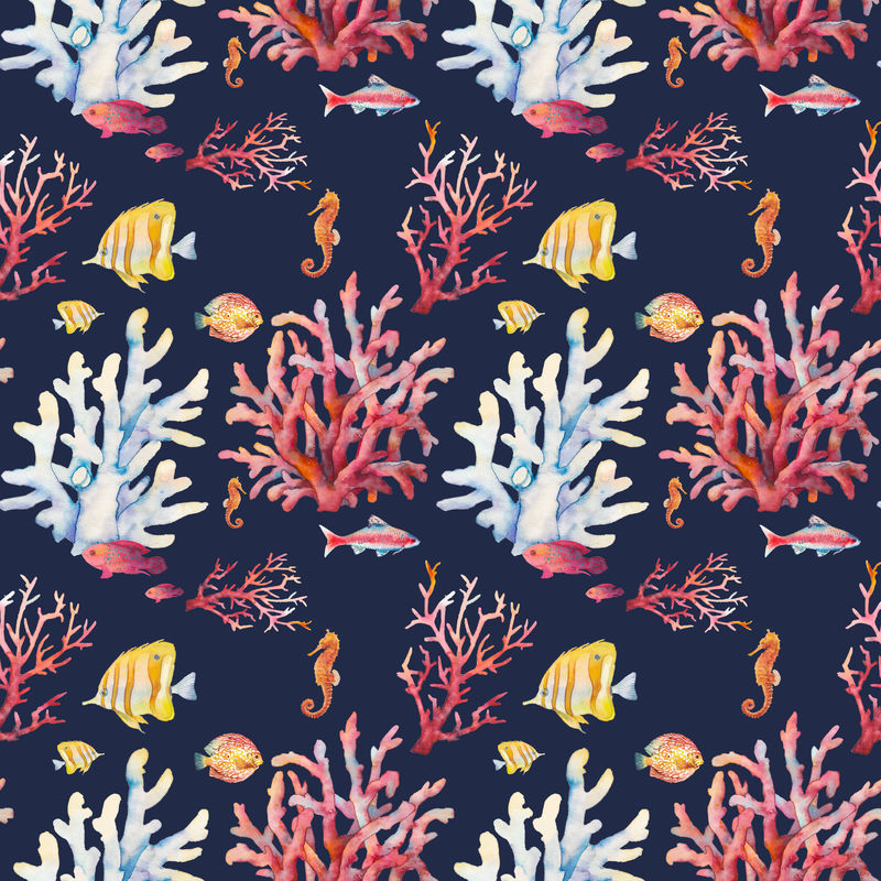 水彩珊瑚礁无缝图案。手绘写实的背景设计，以热带鱼类、珊瑚、海马为深色背景。纸、织物、壁纸的自然重复纹理设计