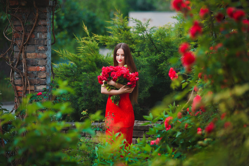 性感的黑发少女的美丽肖像，穿着红裙子，靠近玫瑰。