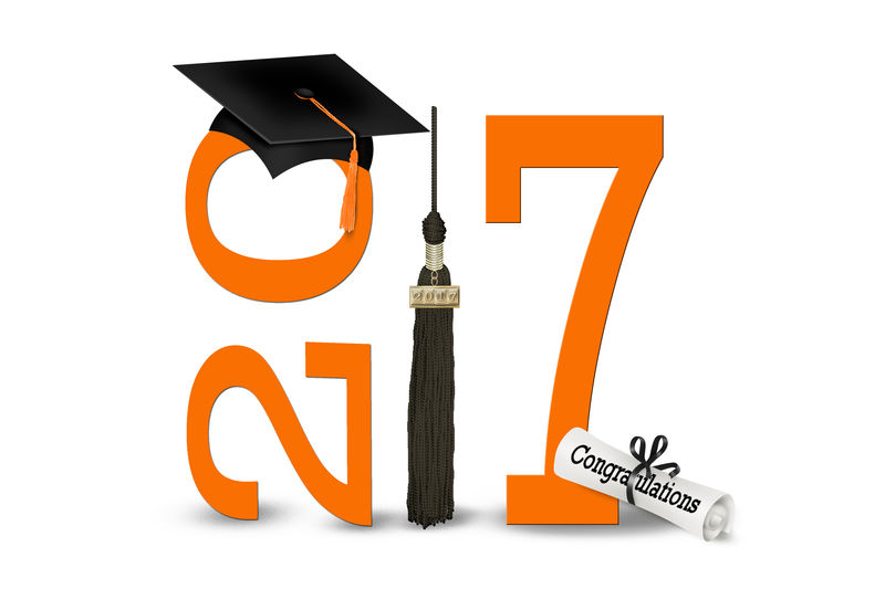 2017年毕业典礼橙色数字，黑色帽子和流苏，白色上有分离的双溶剂。