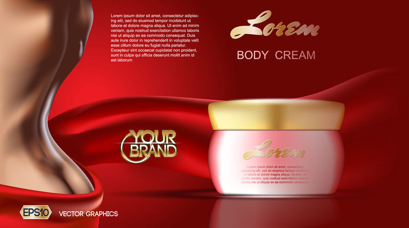 护肤美容美体霜和乳液。保湿化妆品广告模板。模拟3D现实女性轮廓图。红色火焰颜色