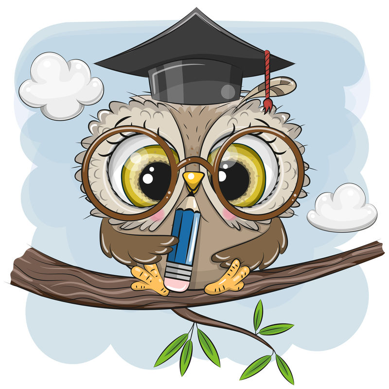 聪明的猫头鹰，带着铅笔，戴着毕业帽