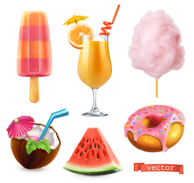 夏天，甜食。冰淇淋，橙汁，棉花糖，鸡尾酒，西瓜，甜甜圈。三维真实矢量图标集