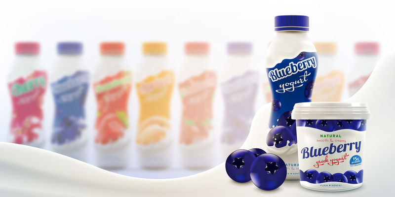 蓝莓饮料酸奶瓶与希腊酸奶罐和生蓝莓浆果在明亮的背景下-许多瓶子和牛奶波品牌和商业使用现实的插图-位图复制