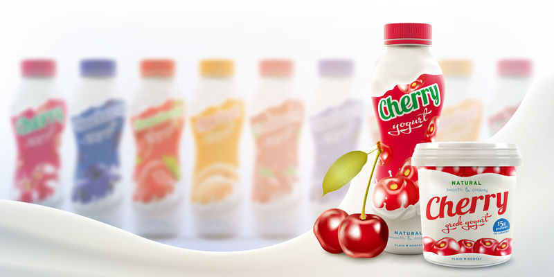 樱桃饮料酸奶瓶-带有希腊酸奶罐和生樱桃浆果-在许多瓶子和牛奶波的明亮背景下-准备好品牌和商业用途-传单现实插图