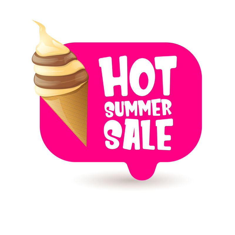 夏季热销的标签或标签上有融化的冰淇淋。矢量热夏季销售粉红横幅或图标。