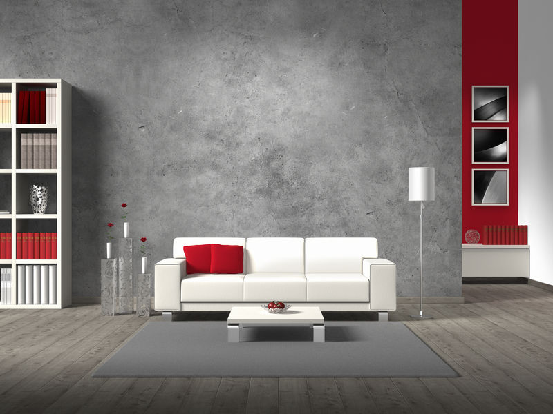 现代客厅3D渲染与白色沙发和复制空间为自己的形象/照片在混凝土墙后面的沙发
