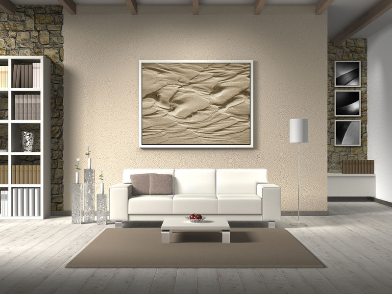 乡村风格客厅3D渲染-白色沙发-沙发后面的照片可以轻松交换