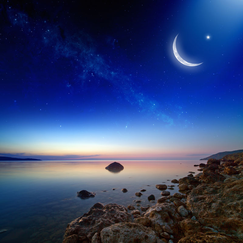 以月亮和星星为背景的开斋节、圣月、斋月、美丽的日落-NASA提供的这张图片的元素