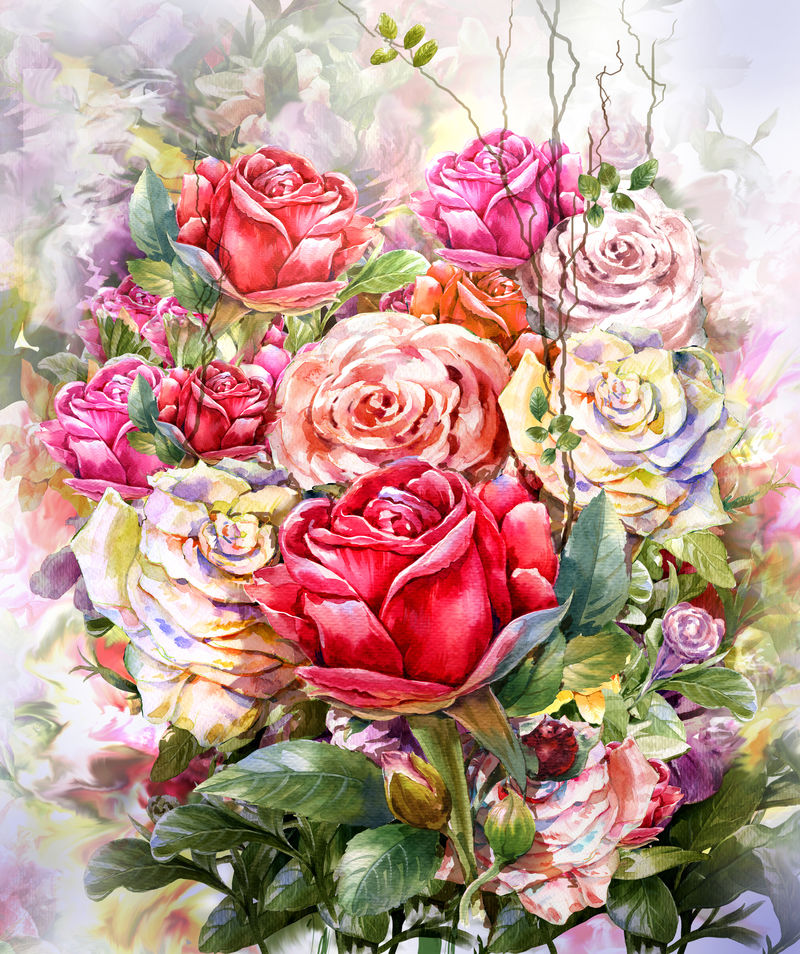 玫瑰水彩花束绘画风格.数码绘画