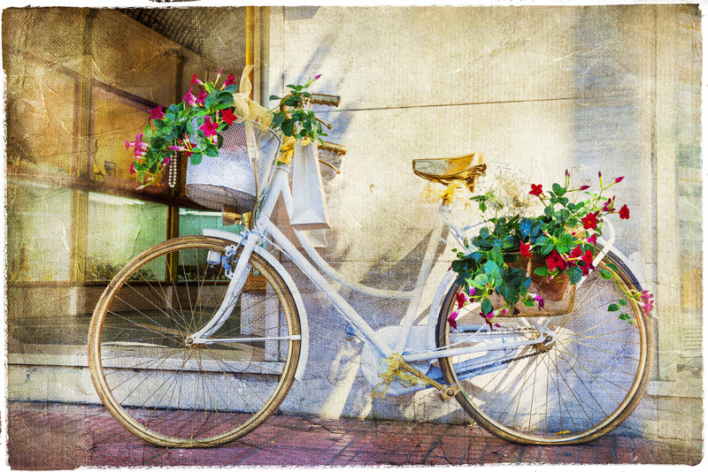 迷人的街道-自行车和鲜花-艺术复古图片