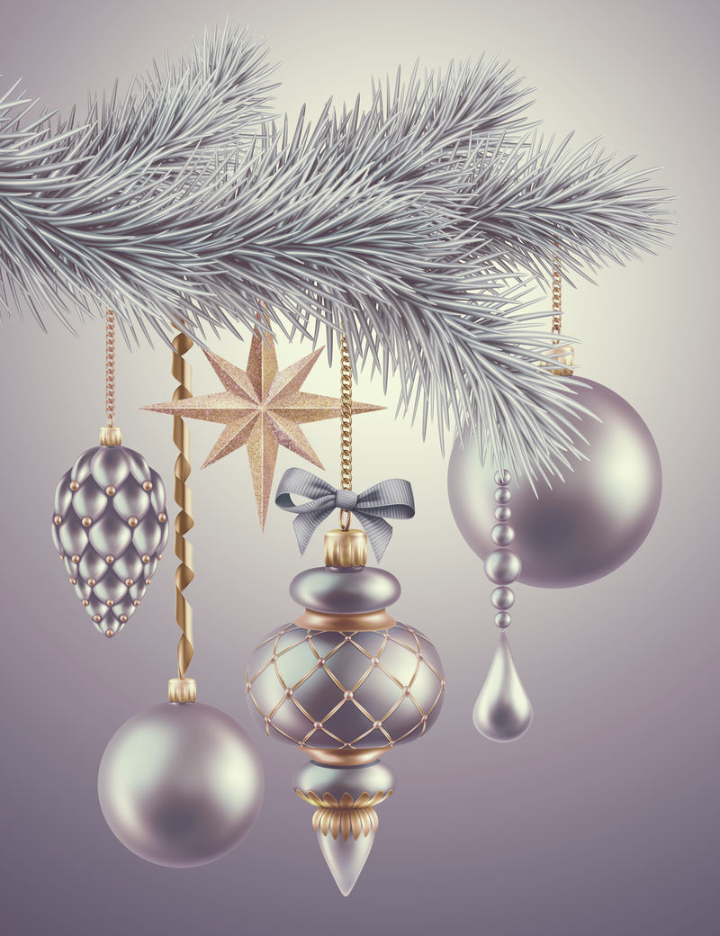 古典圣诞树装饰品球和装饰品背景-冬季假日插图