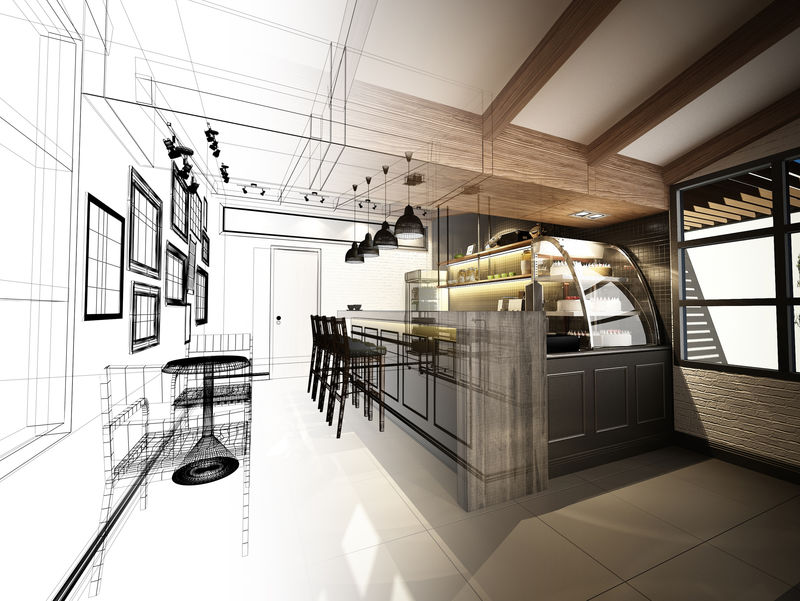 咖啡厅素描设计-三维线框渲染
