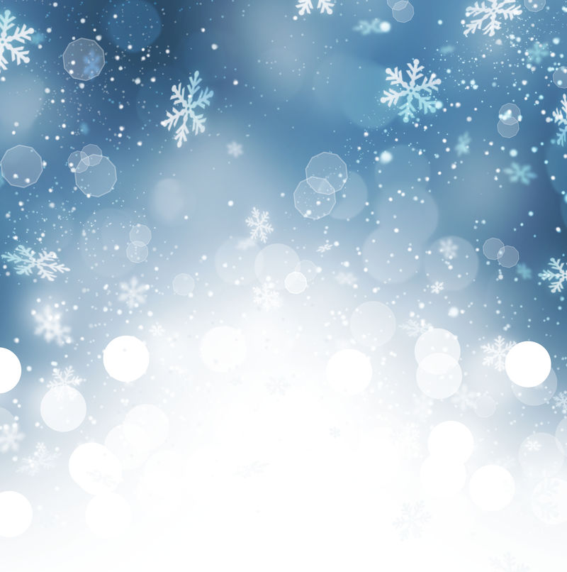 寒假下雪的背景-圣诞抽象的蓝色散焦背景与雪花-博基