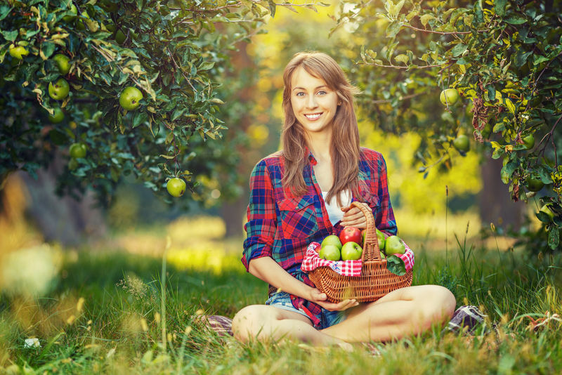 花园里有苹果的女人-一位年轻迷人的女士坐在苹果园的草地上-满篮成熟的红绿苹果-收获季节-乡村生活方式