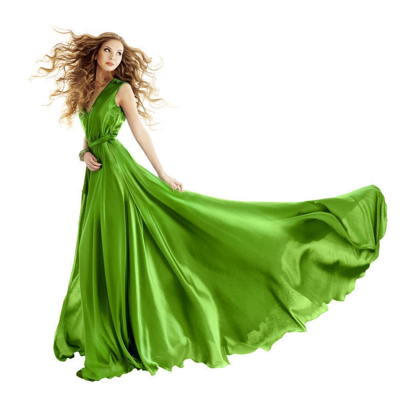 美丽的女人-绿色的礼服-漂亮的女孩穿着长长的晚礼服跳舞-打开白色的背景